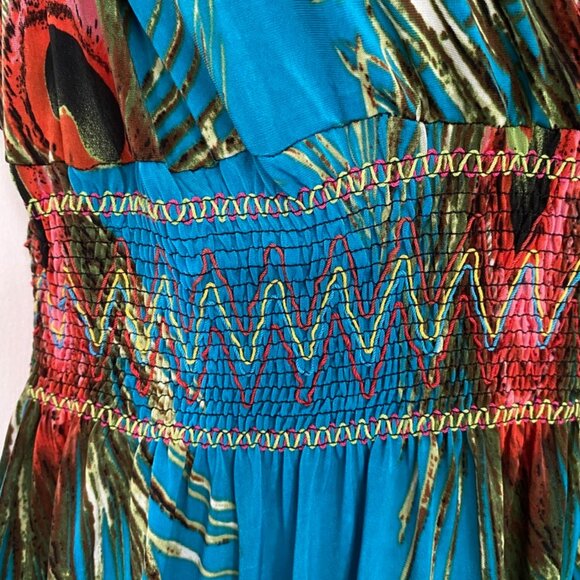 NWOT Turquoise Peacock Maxi Summer Dress | Versatile Festival Carnival Beachwear - Picture 4 of 11